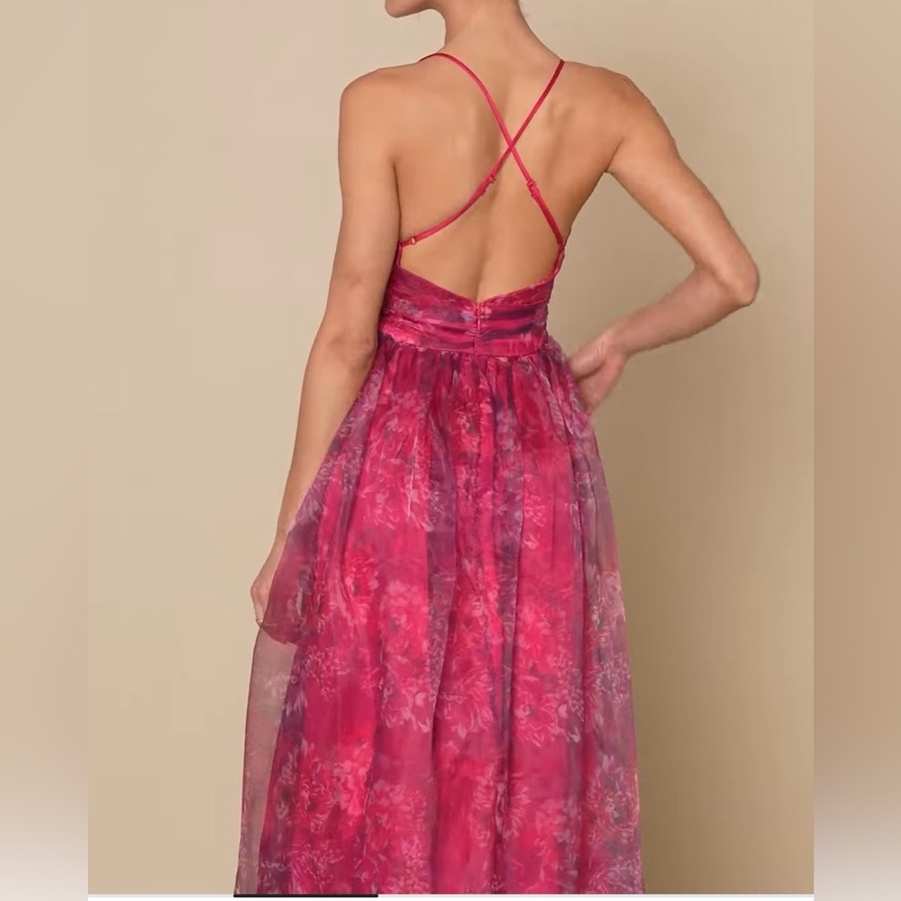 Lulus Romance That Wows Magenta Floral Print Organza Maxi Dress. - Picture 6 of 14